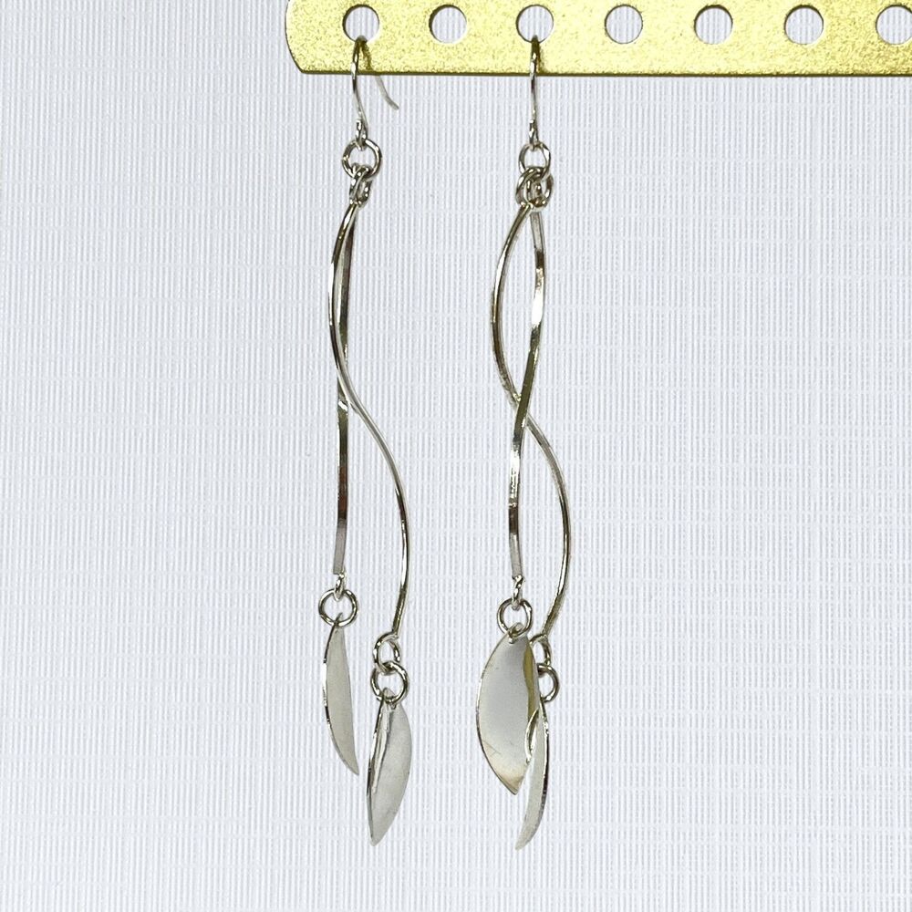 Vintage Silver Tone Earrings Long Curved Bar Dangle Leaf Drop Hooks Festival Art